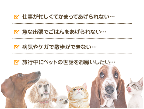 仕事が忙しくてかまってあげられない… / 急な出張でごはんをあげられない… / 病気やケガで散歩ができない… / 旅行中にペットの世話をお願いしたい…